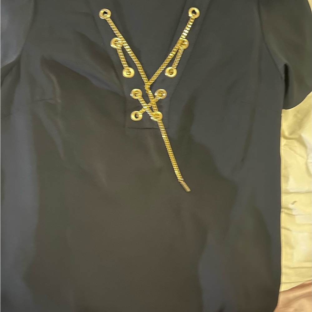 Michael Kors Black Gold Tie Front Short Sleeve Blouse